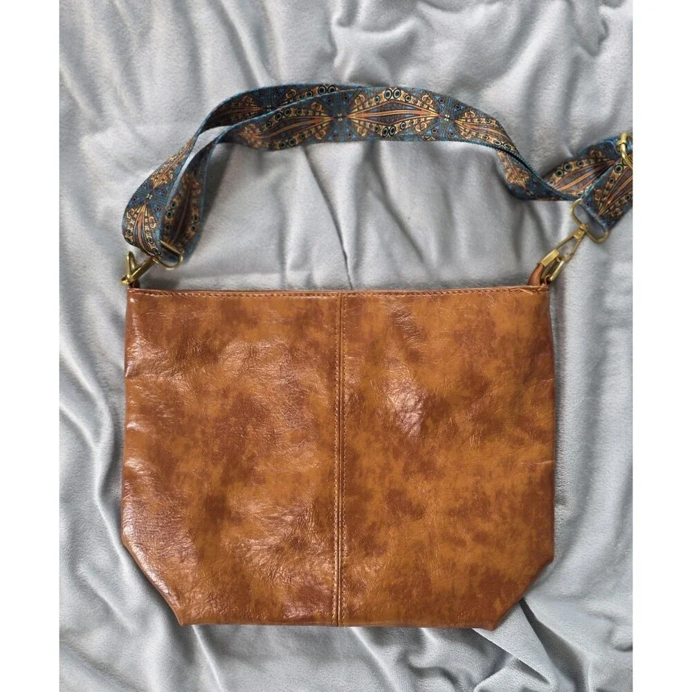 Cognac Brown Crossbody Bag Boho Patterned Guitar Strap Foldover Faux Leather